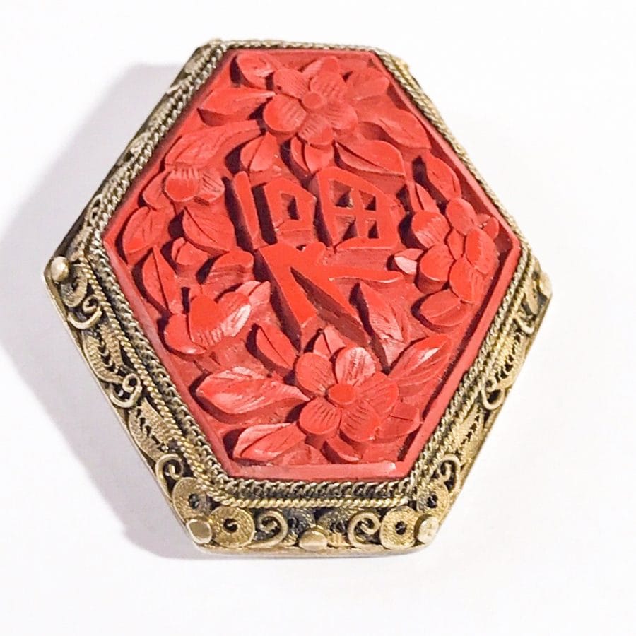 vintage Chinese brooch in silver filigree and lacquer details