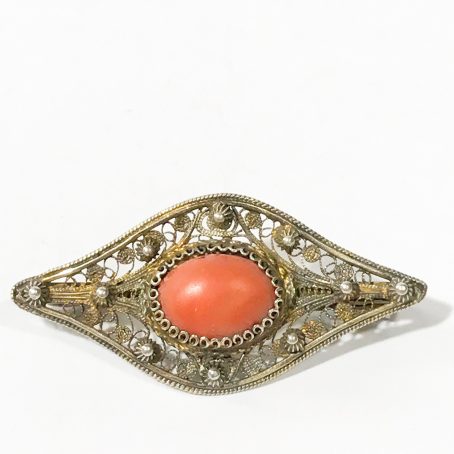 silver filigree and coral brooch