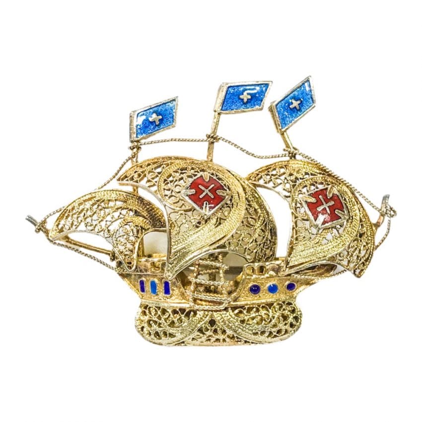 art deco sailing ship brooch in silver filigree and enamel