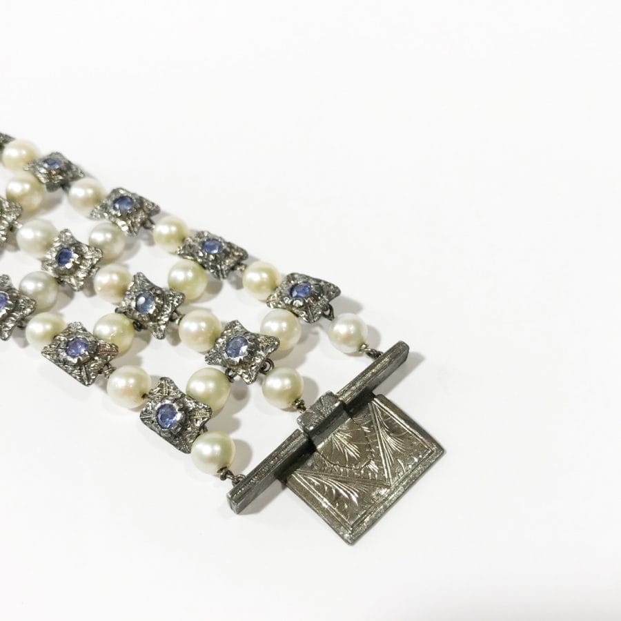 liberty silver bracelet details with pearls and sapphires