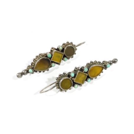 ethnic dangle earrings in silver with turquoises and agates