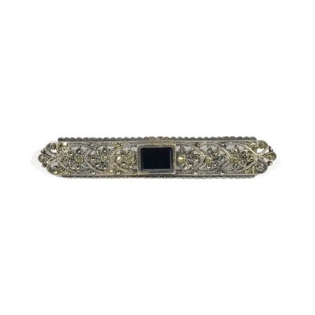 silver art deco brooch with onyx and marcasite