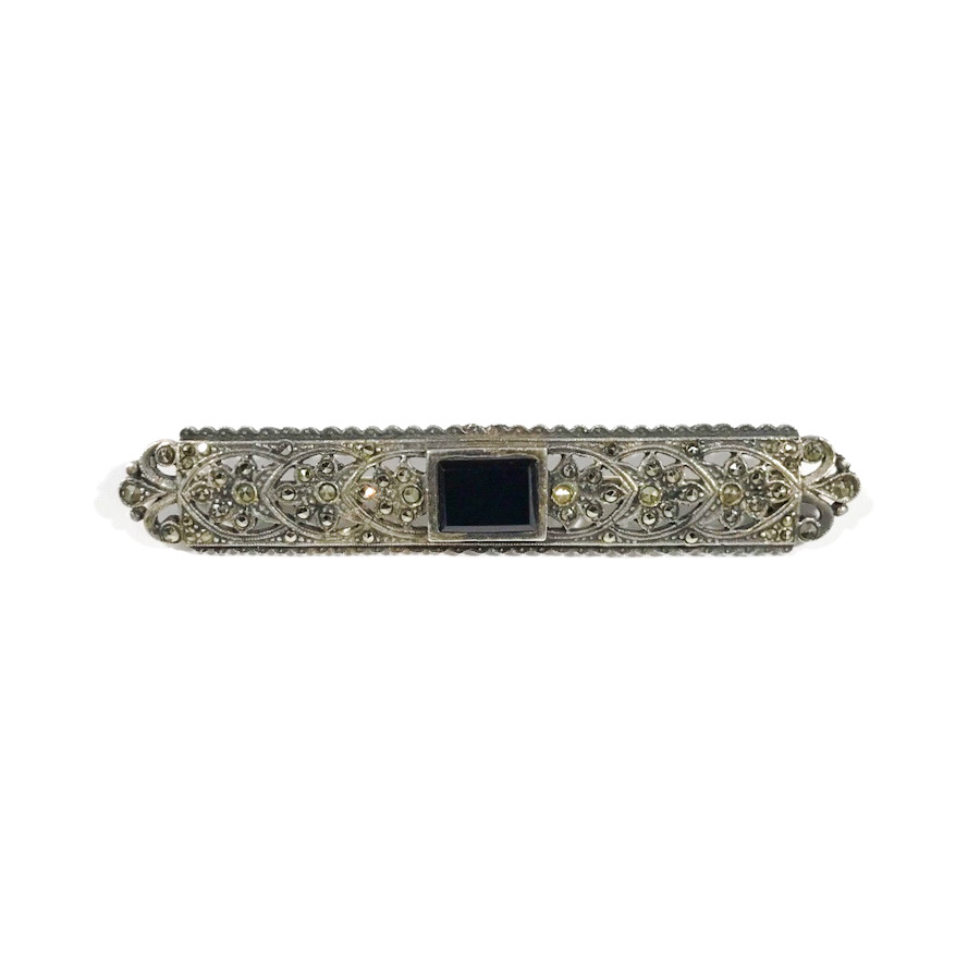 silver art deco brooch with onyx and marcasite