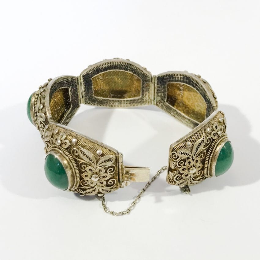 Chinese antique silver filigree and jade bracelet