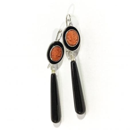 red coral hand carved cameo pendant earrings with onix