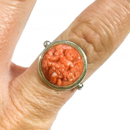 coral cameo ring front perspective
