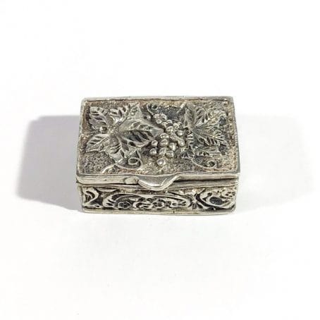 italian solid silver pill box with floral decoration, hallmarked 