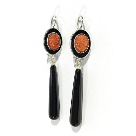 red coral hand carved cameo pendant earrings with onix