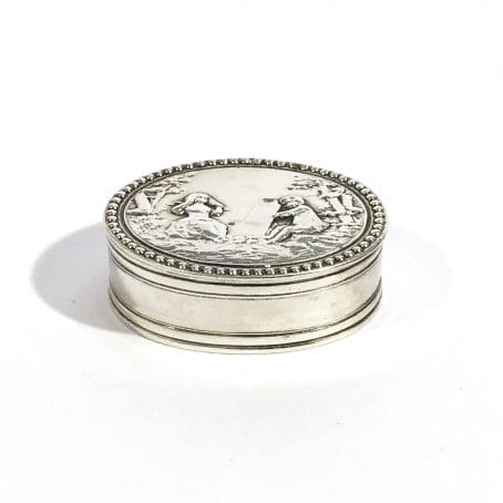 antique solid silver pillbox with romantic scene, hallmarked 