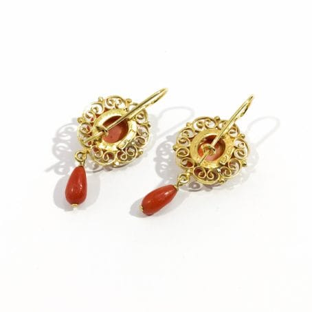 filigree and red coral dangle earrings