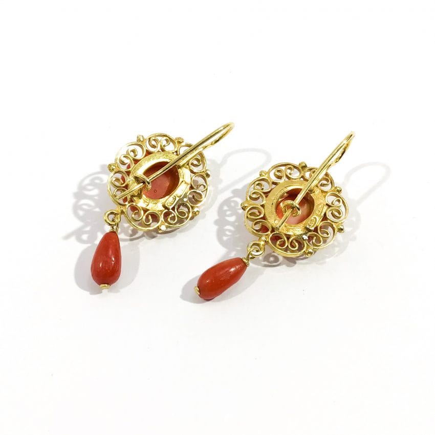 silver punch drop earrings with filigree and red coral