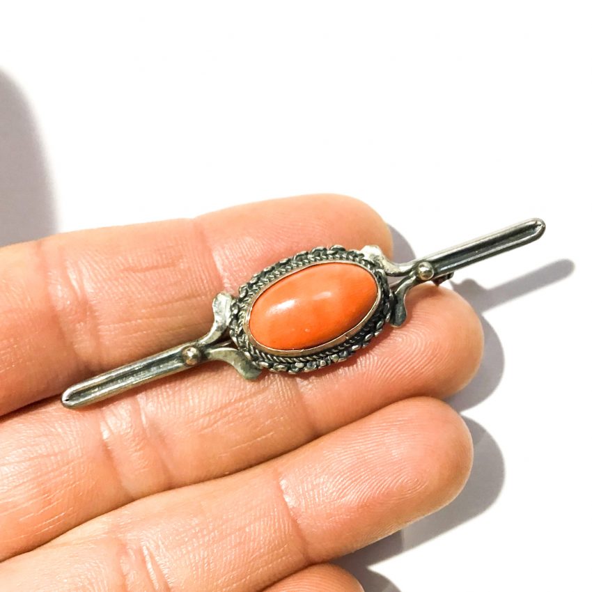 vintage silver and natural coral brooch