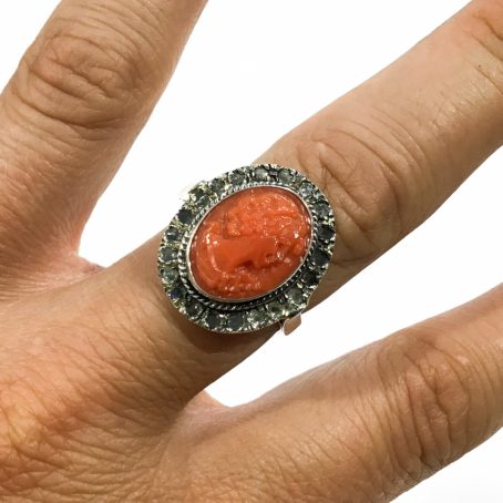 vintage silver ring with coral cameo and diamond rosettes