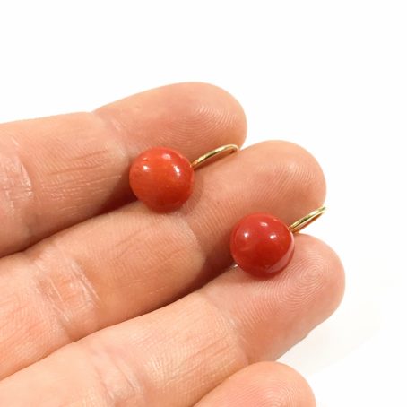 golden lever earrings with red natural coral