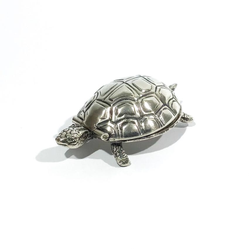 silver art deco pillbox in the shape of a turtle