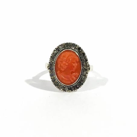 vintage silver ring with coral cameo and diamond rosettes