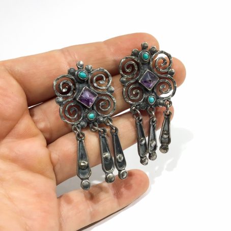mexican pendant earrings with amethyst and turquoise