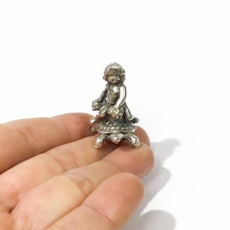 Italian solid silver putto with turtle miniature, figurine hallmarked 