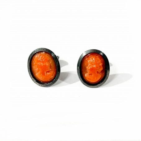 stud earrings with hand carved red coral cameo