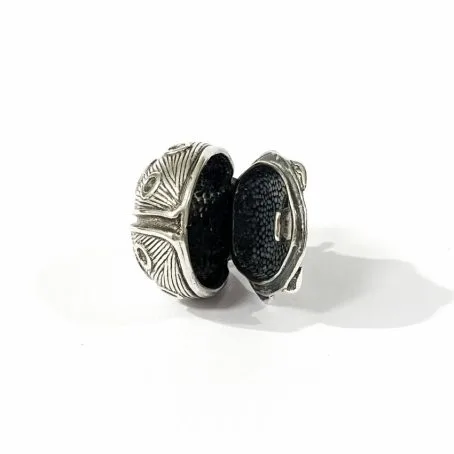 pill box in silver in the shape of a ladybug open