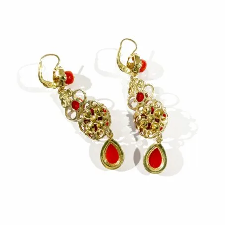 detail of classic red coral pendant earrings