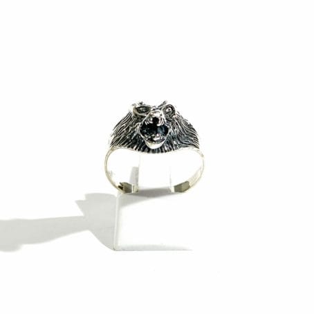 silver men's ring with wolf head