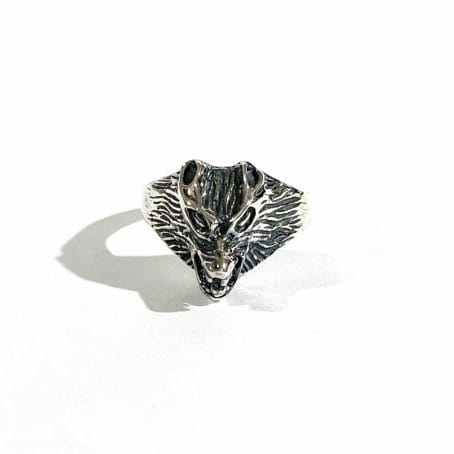 silver men's ring with wolf head