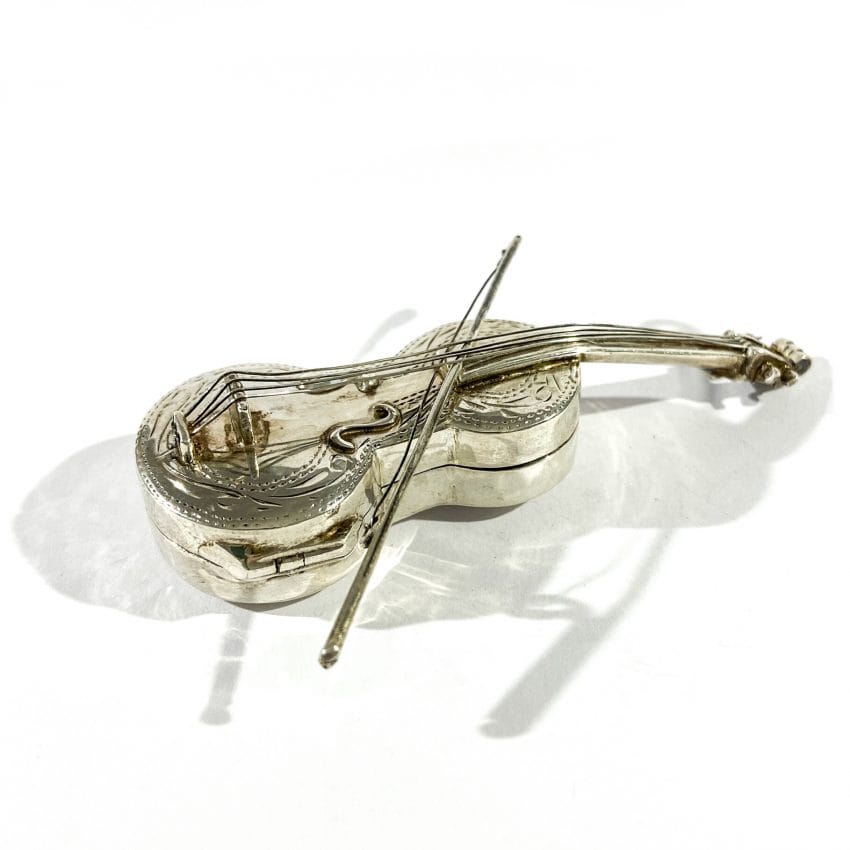 vintage silver violin shaped pill box