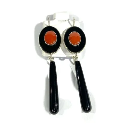 pending earrings with red coral and onyx